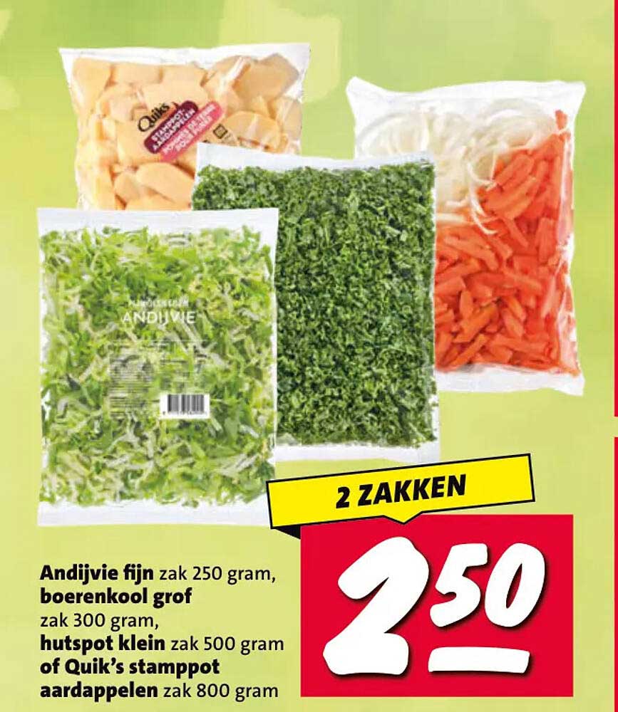 Andijvie fijn zak 250 gram, boerenkool grof zak 300 gram, hutspot klein zak 500 gram of Quik’s stamppot aardappelen zak 800 gram 2 ZAKKEN