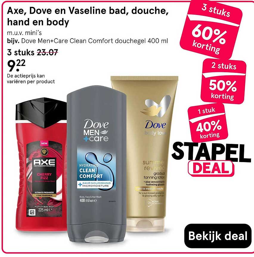 Axe, Dove en Vaseline bad, douche, hand en body