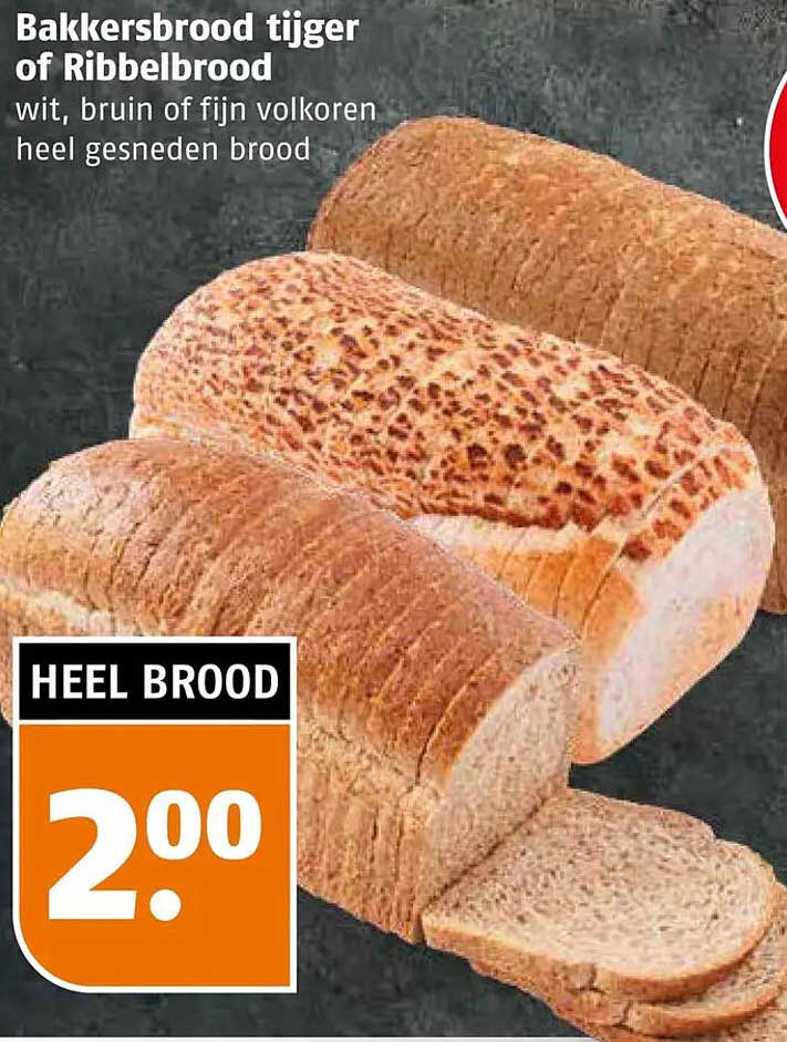 Bakkersbrood tijger of Ribbelbrood wit, bruin of fijn volkoren heel gesneden brood