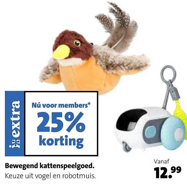 Bewegend kattenspeelgoed. Keuze uit vogel en robotmuis. Nu voor members* 25% korting