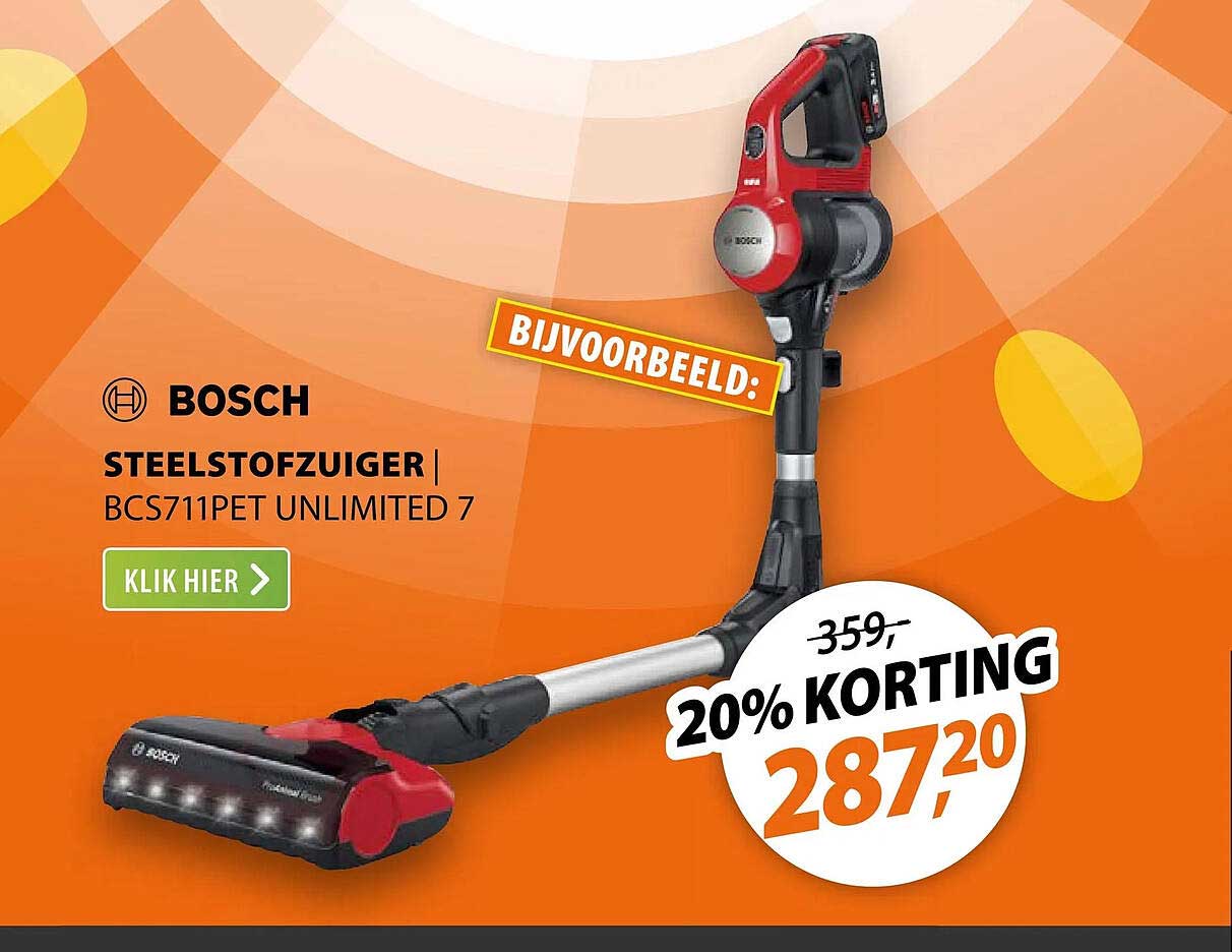 BOSCH STEELSTOFZUIGER | BCS711PET UNLIMITED 7 20% KORTING