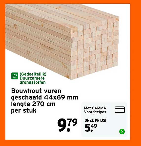 Bouwhout vuren geschaafd 44x69 mm lengte 270 cm per stuk