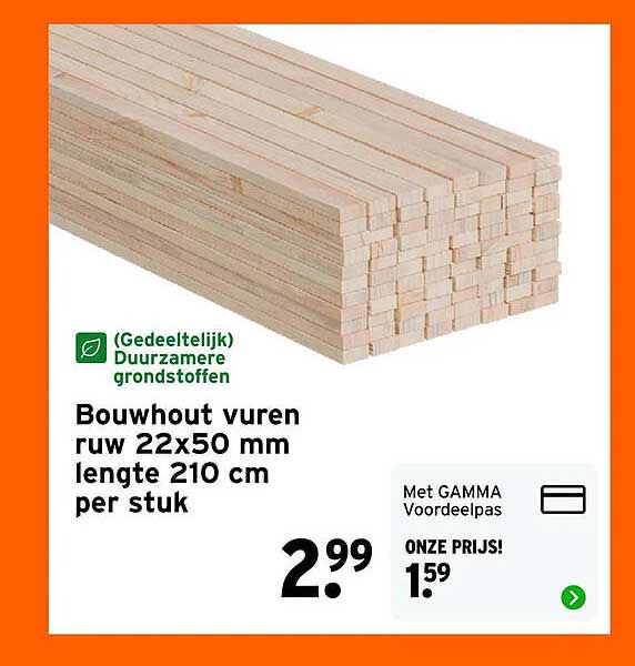 Bouwhout vuren ruw 22x50 mm lengte 210 cm per stuk