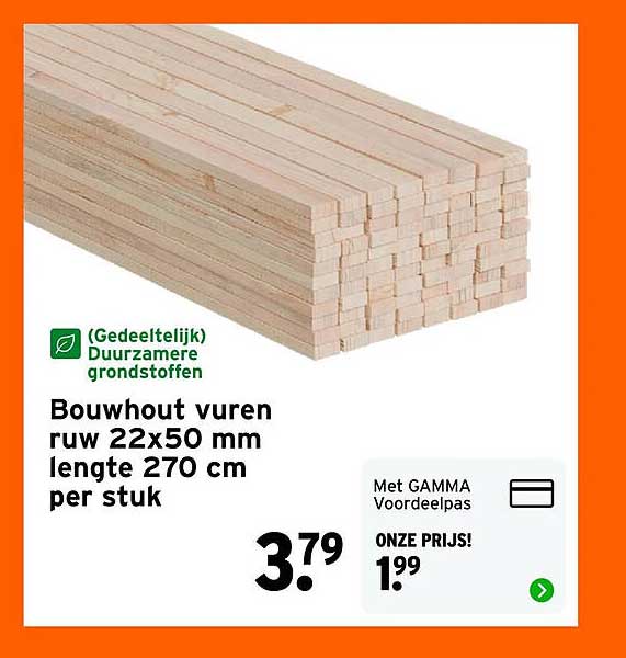 Bouwhout vuren ruw 22x50 mm lengte 270 cm per stuk