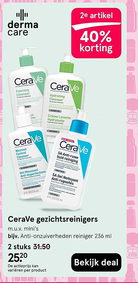CeraVe gezichtsreinigers 2e artikel 40% korting