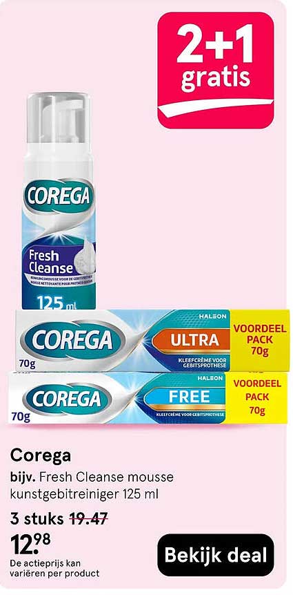 Corega bijv. Fresh Cleanse mousse kunstgebitreiniger 125 ml 2+1 gratis