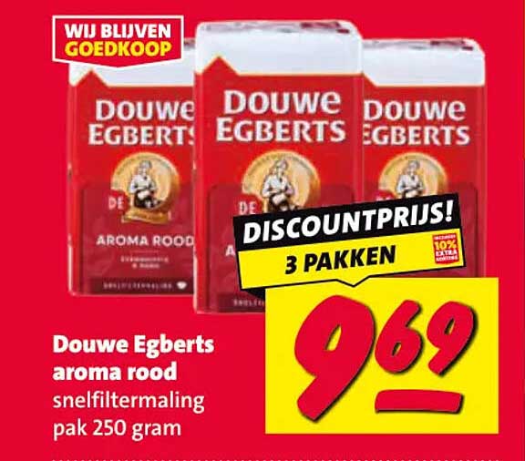 Douwe Egberts aroma rood snelfiltermaling pak 250 gram DISCOUNTPRIJS! 3 PAKKEN
