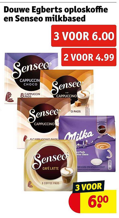 Douwe Egberts oploskoffie en Senseo milkbased 3 VOOR 6.00