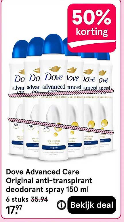 Dove Advanced Care Original anti-transpirant deodorant spray 150 ml 6 stuks 50% korting