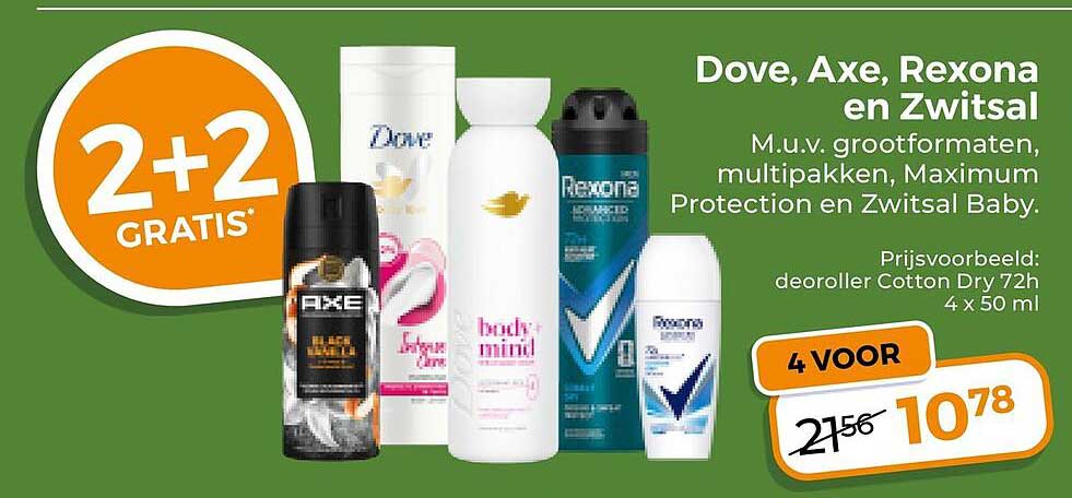 Dove, Axe, Rexona en Zwitsal 2+2 gratis