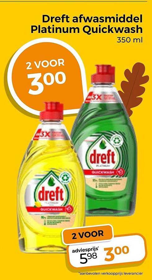 Dreft afwasmiddel Platinum Quickwash 350 ml 2 voor 300