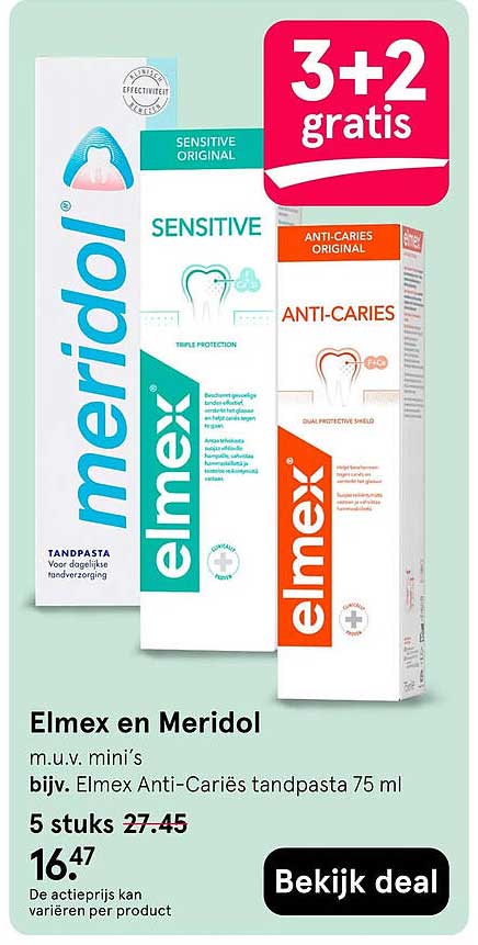Elmex en Meridol m.u.v. mini’s bijv. Elmex Anti-Cariës tandpasta 75 ml 3+2 gratis