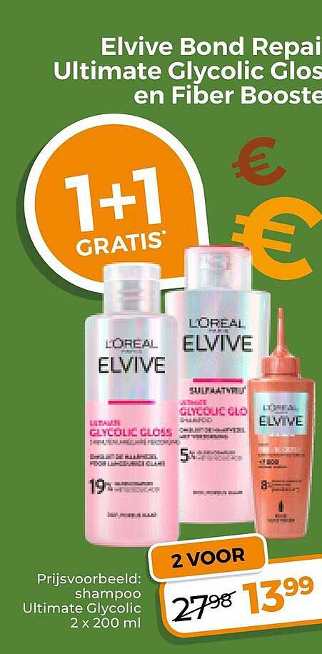 Elvive Bond Repair Ultimate Glycolic Gloss en Fiber Booster 1+1 GRATIS*