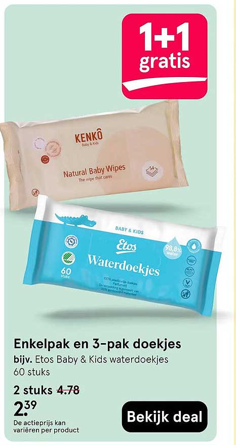 Enkelpak en 3-pak doekjes 1+1 gratis