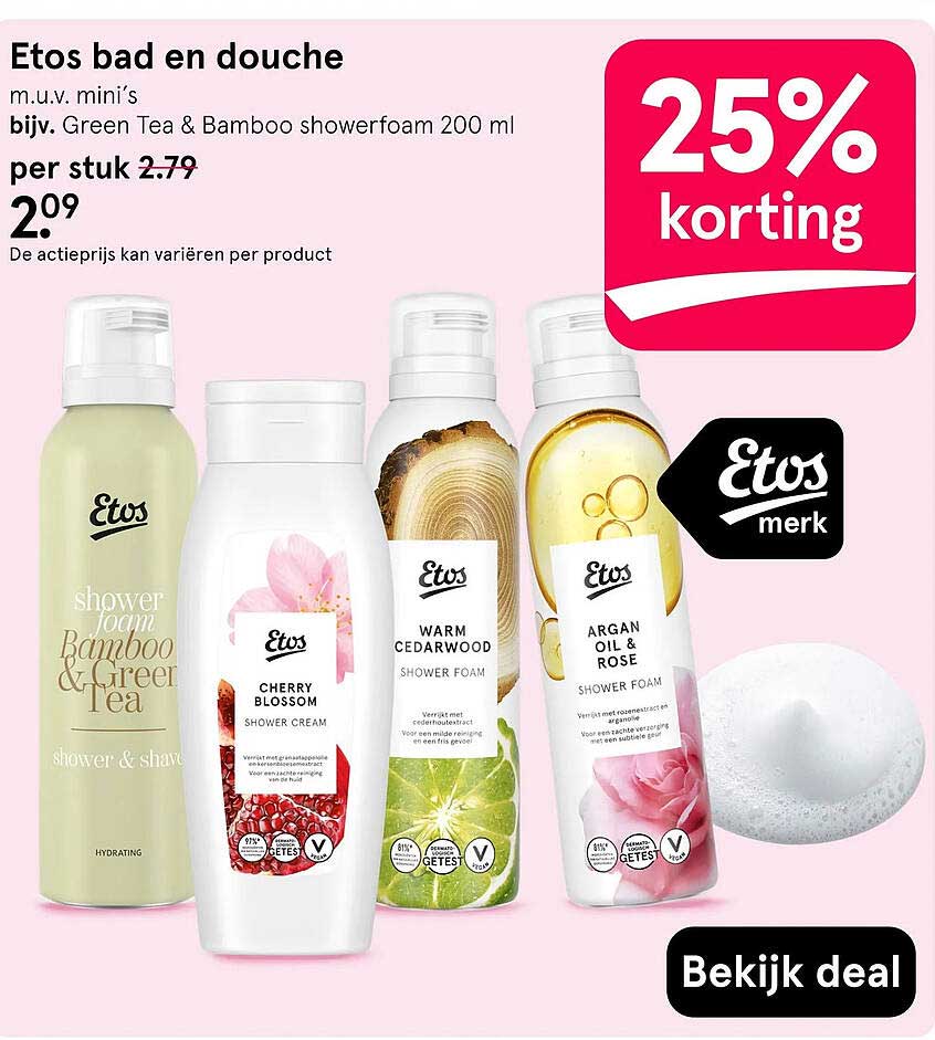 Etos bad en douche m.u.v. mini’s bijv. Green Tea & Bamboo showerfoam 200 ml 25% korting