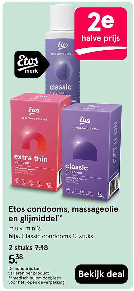 Etos condooms, massageolie en glijmiddel* 2e halve prijs