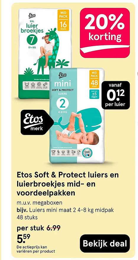 Etos Soft & Protect luiers en luierbroekjes mid- en voordeelpakken 20% korting