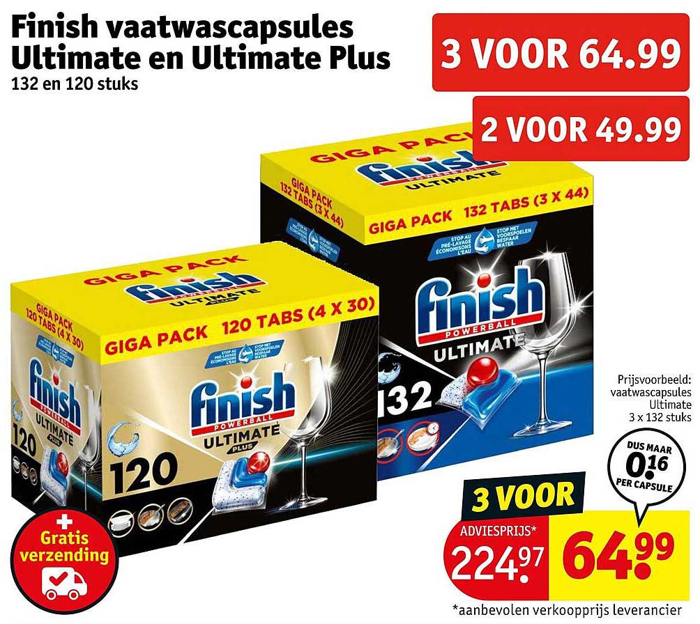 Finish vaatwascapsules Ultimate en Ultimate Plus 132 en 120 stuks