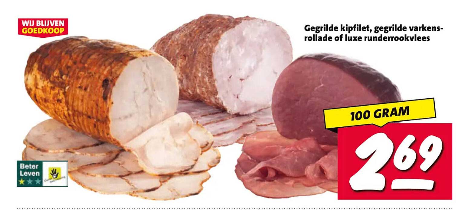 Gegrilde kipfilet, gegrilde varkensrollade of luxe rundrookvlees