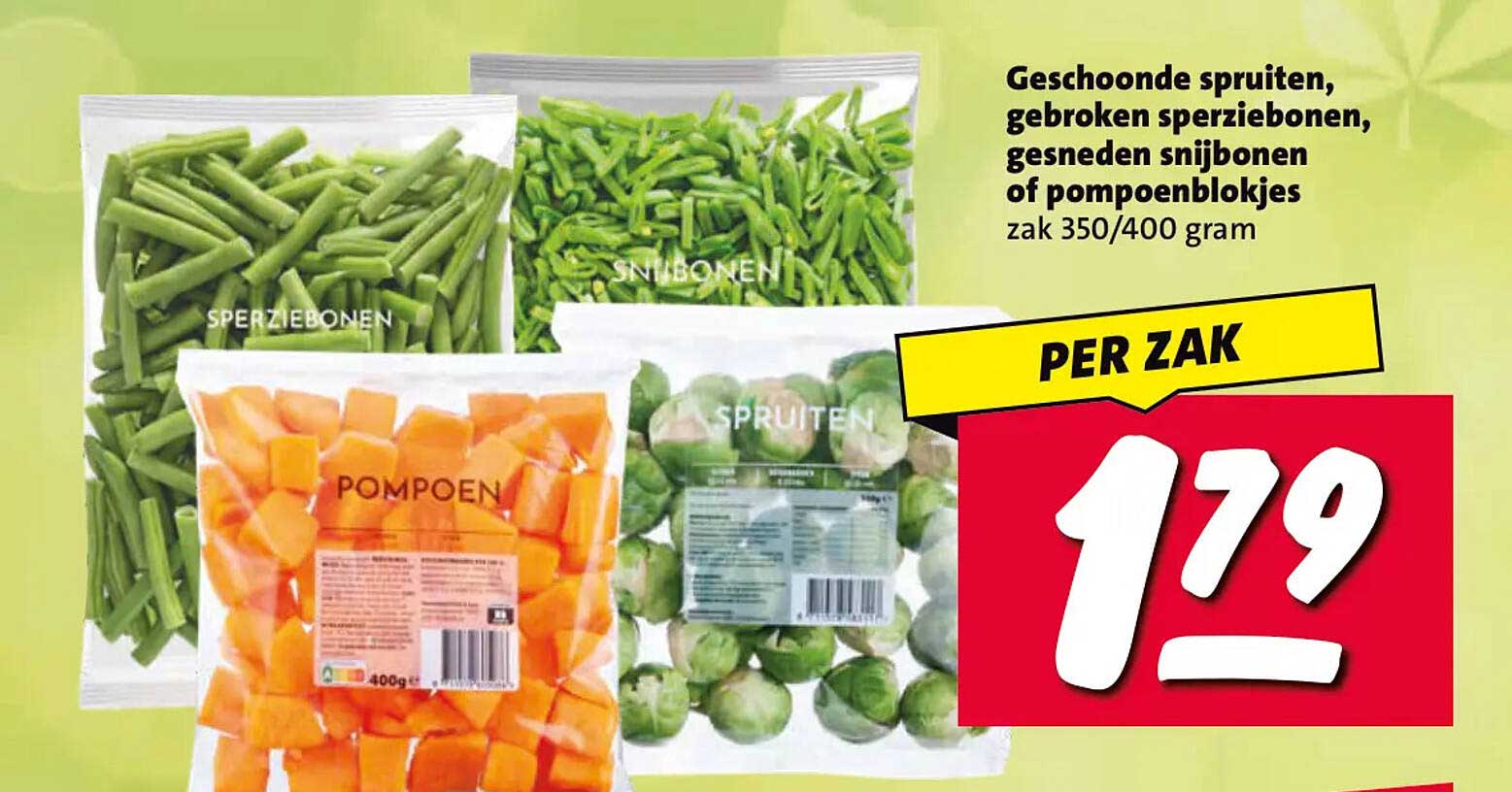Geschoonde spruiten, gebroken sperziebonen, gesneden snijbonen of pompoenblokjes zak 350/400 gram