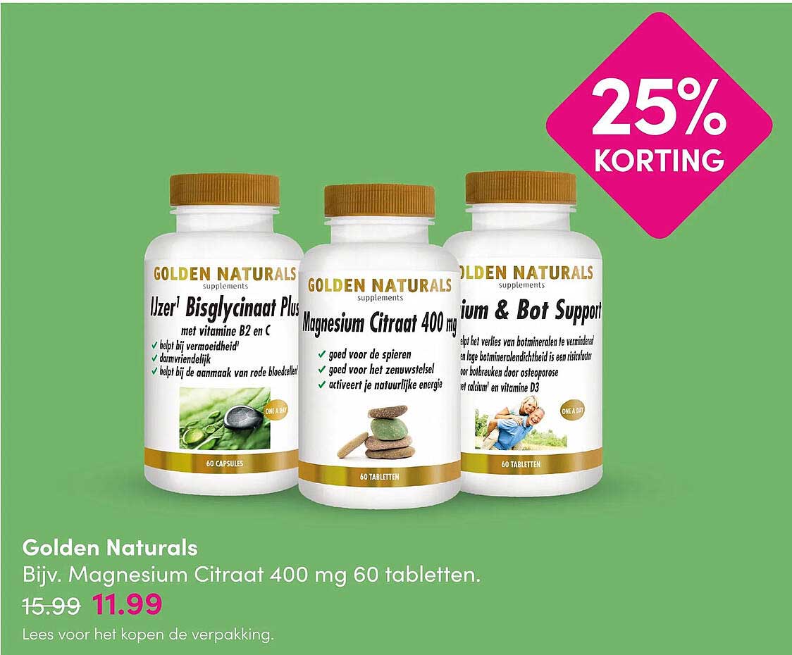 Golden Naturals Bijv. Magnesium Citraat 400 mg 60 tabletten. 25% Korting