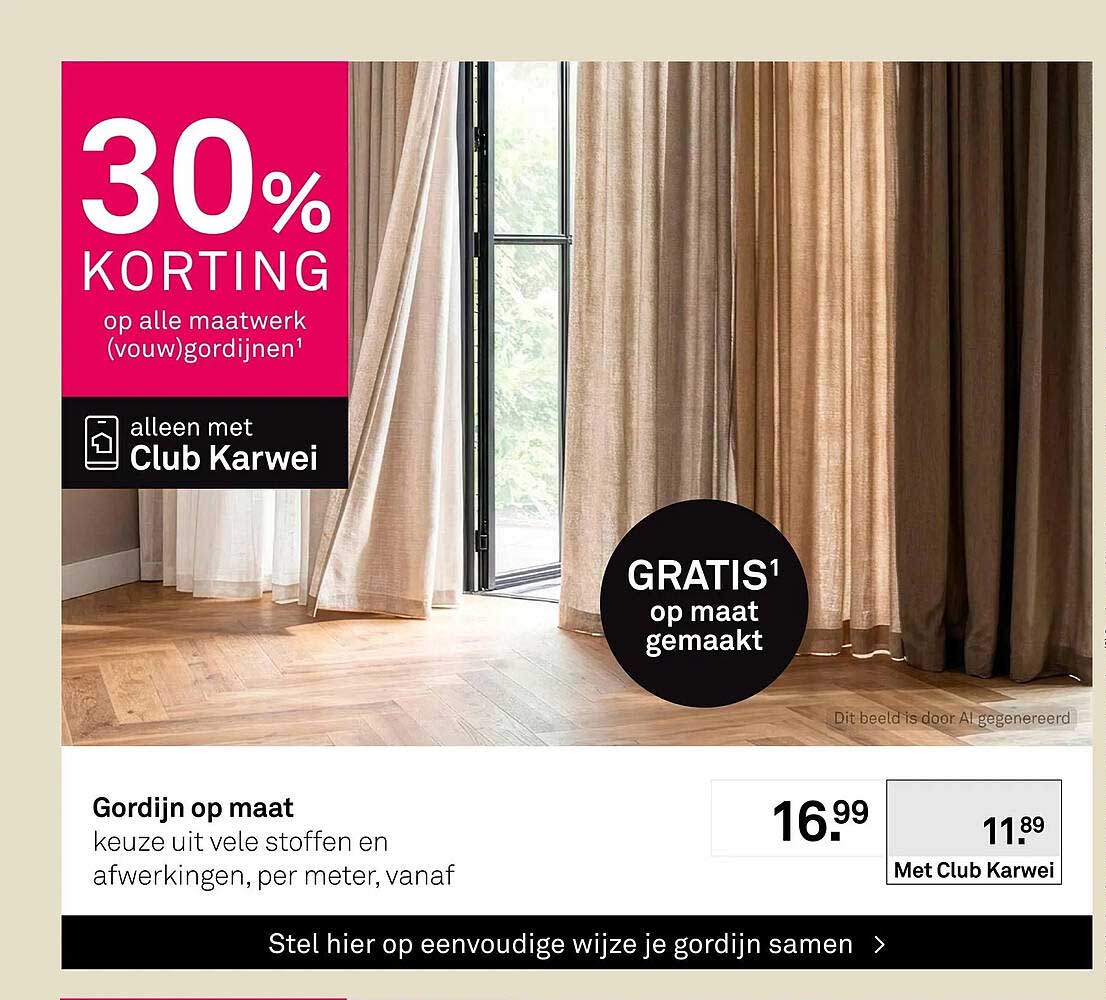 Gordijn op maat 30% korting op alle maatwerk (vouw)gordijnen