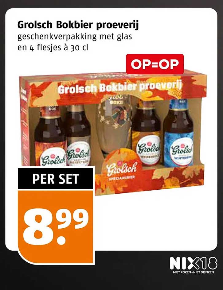 Grolsch Bokbier proeverij geschenkverpakking met glas en 4 flesjes à 30 cl OP=OP