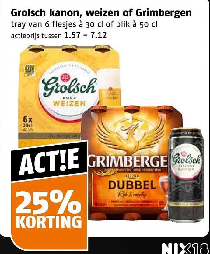 Grolsch kanon, weizen of Grimbergen tray van 6 flesjes à 30 cl of blik à 50 cl 25% KORTING