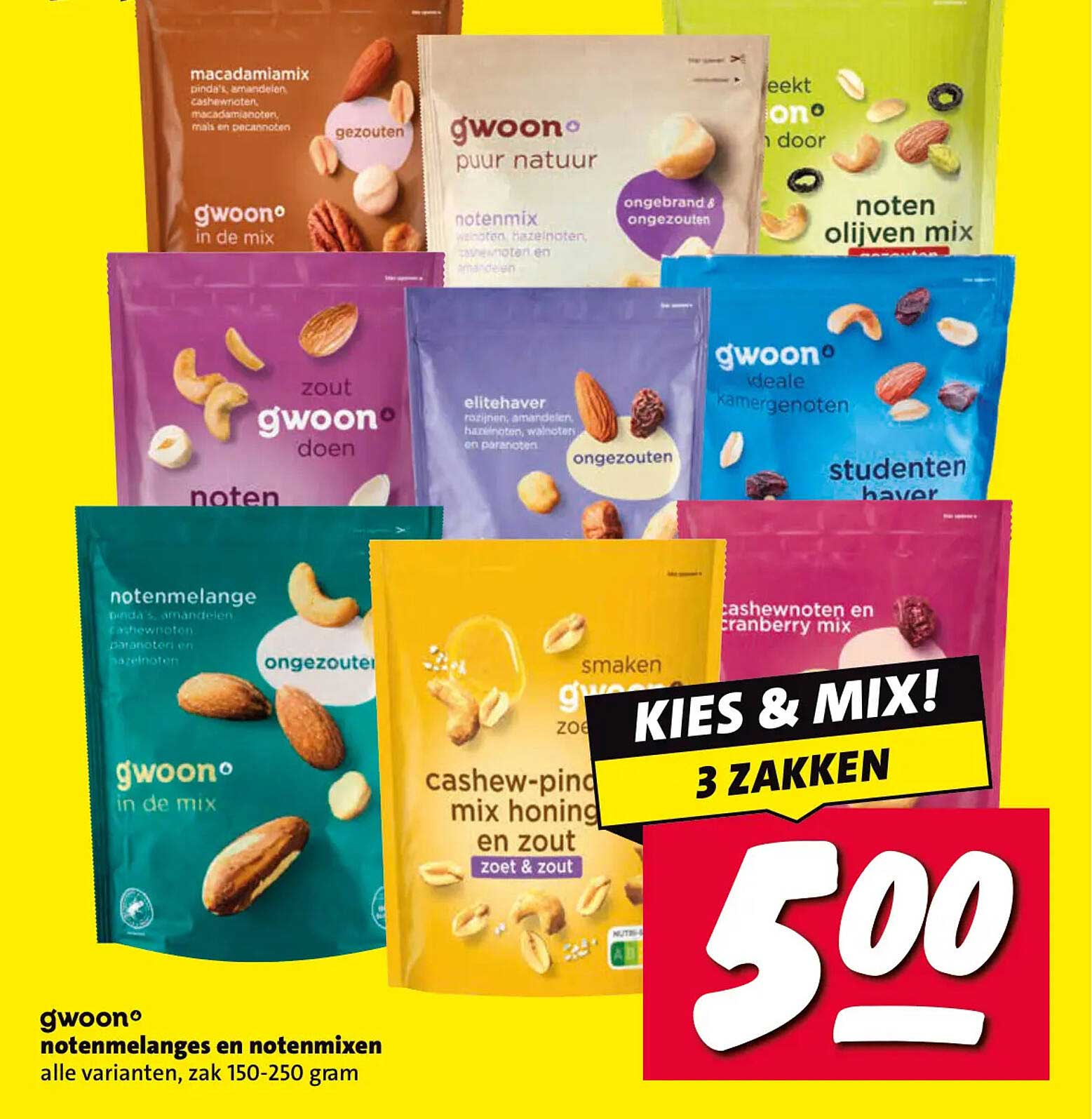 gwoon notenmelanges en notenmixen, alle varianten, zak 150-250 gram KIES & MIX! 3 ZAKKEN