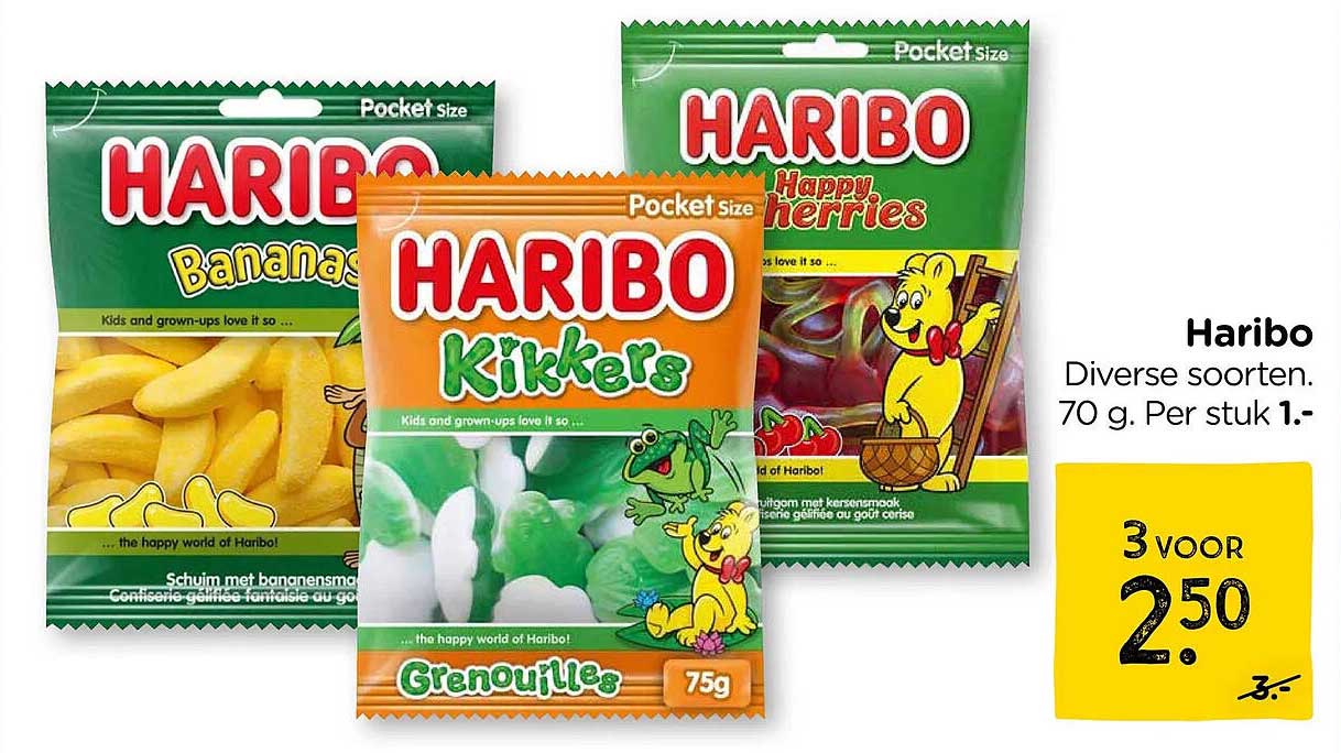Haribo Diverse soorten. 70 g. Per stuk 1.- 3 voor 2.50