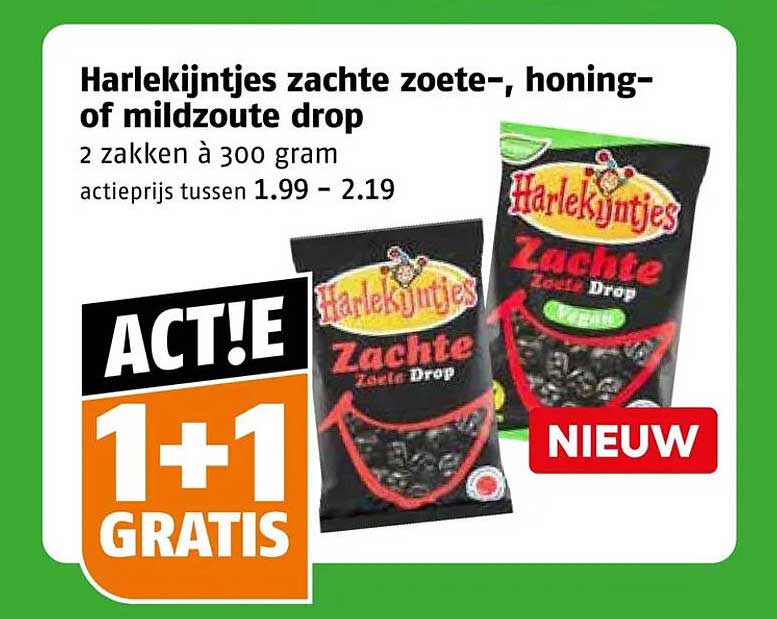Harlekijntjes zachte zoete-, honing- of mildzoete drop 1+1 GRATIS