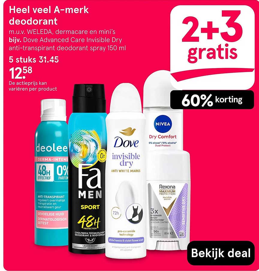 Heel veel A-merk deodorant 2+3 gratis