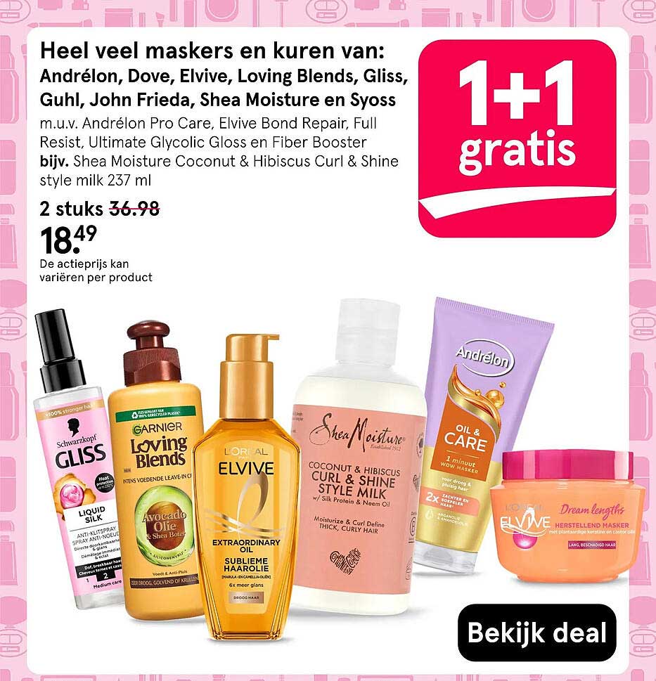 Heel veel maskers en kuren van: Andrélon, Dove, Elvive, Loving Blends, Gliss, Guhl, John Frieda, Shea Moisture en Syoss 1+1 gratis