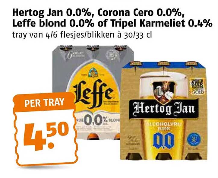 Hertog Jan 0.0%, Corona Cero 0.0%, Leffe blond 0.0% of Tripel Karmeliet 0.4% tray van 4/6 flesjes/blikken à 30/33 cl