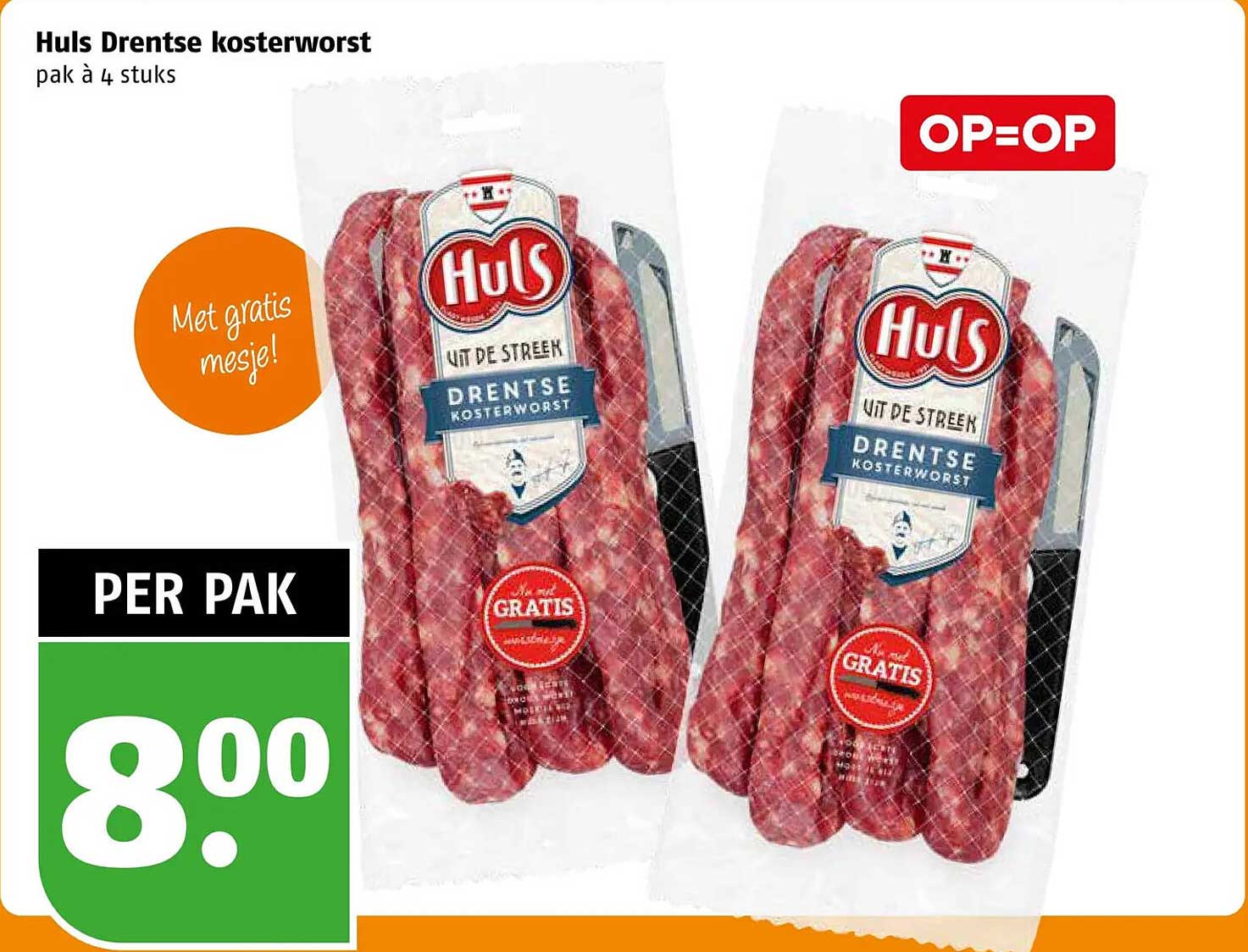 Huls Drentse kosterworst pak à 4 stuks Met gratis mesje!