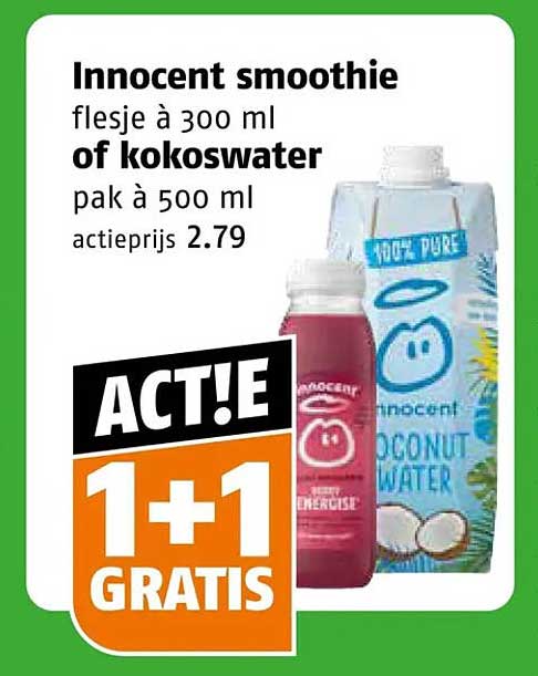 Innocent smoothie flesje à 300 ml of kokoswater pak à 500 ml ACT!E 1+1 GRATIS