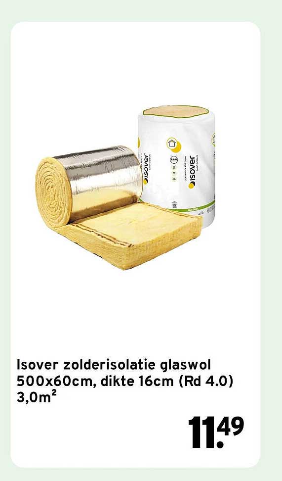 Isover zolderisolatie glaswol 500x60cm, dikte 16cm (Rd 4.0) 3,0m²