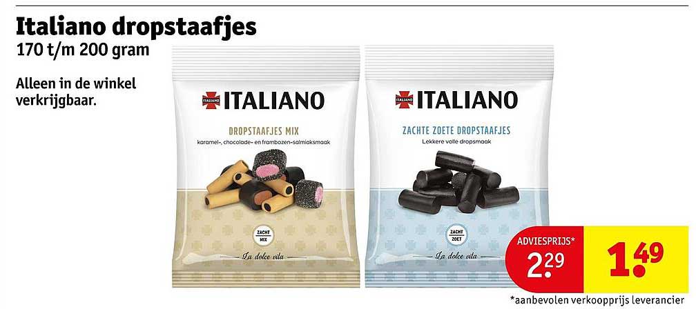 Italiano dropstaafjes 170 t/m 200 gram