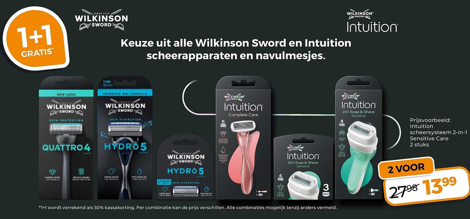 Keuze uit alle Wilkinson Sword en Intuition scheerapparaten en navulmesjes 1+1 gratis