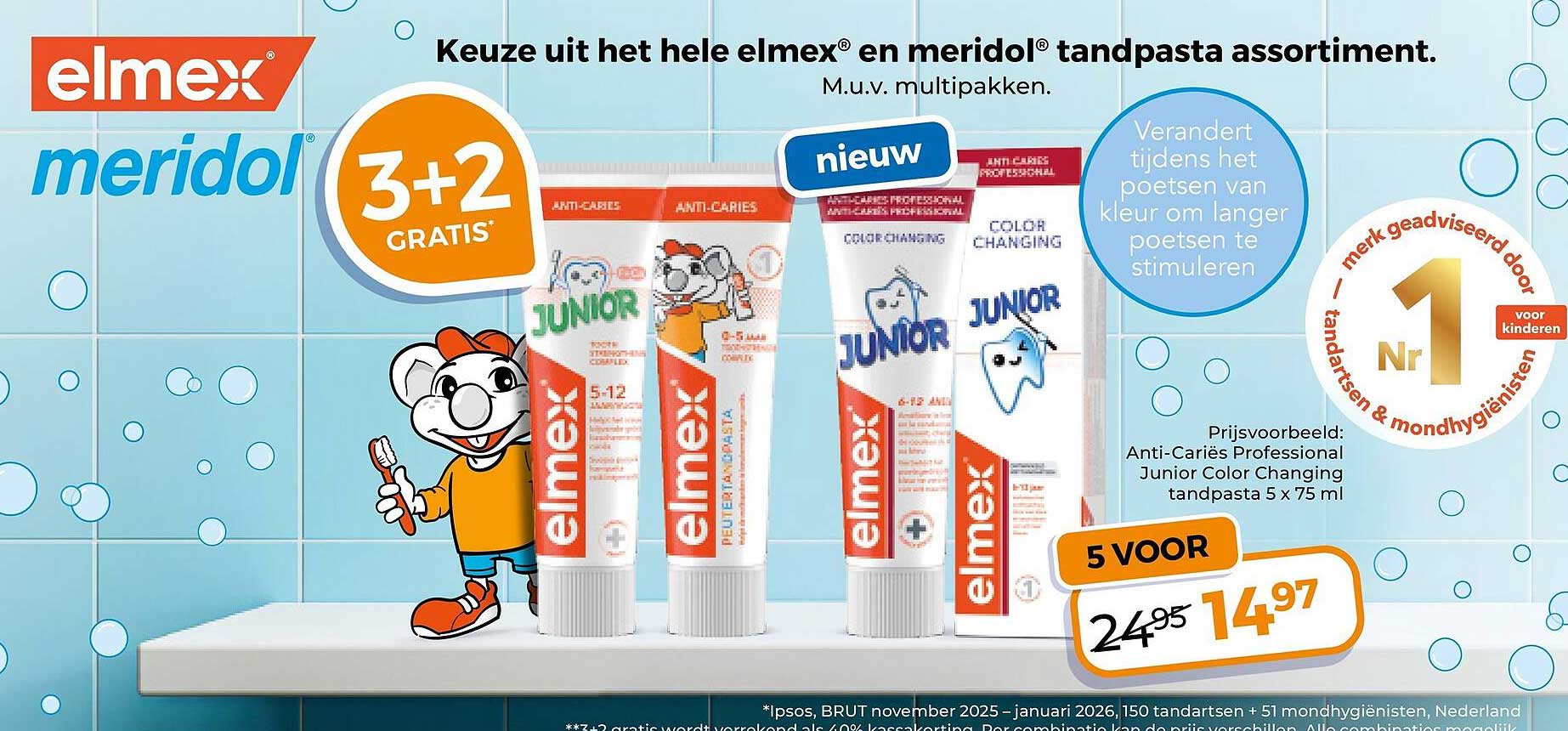 Keuze uit het hele elmex® en meridol® tandpasta assortiment. M.u.v. multipakken. 3+2 gratis