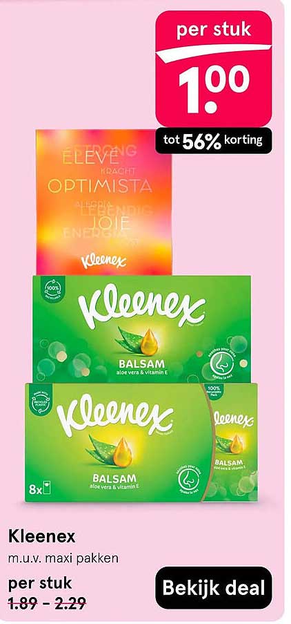 Kleenex m.u.v. maxi pakken per stuk tot 56% korting