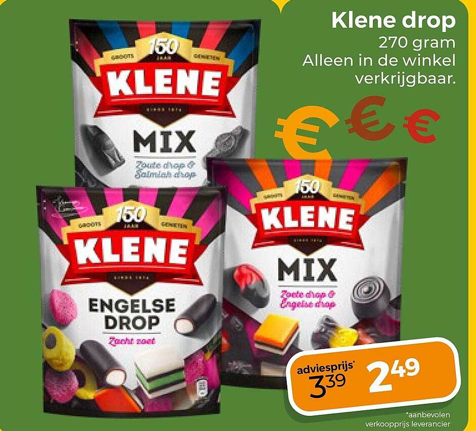 Klene drop 270 gram Alleen in de winkel verkrijgbaar.