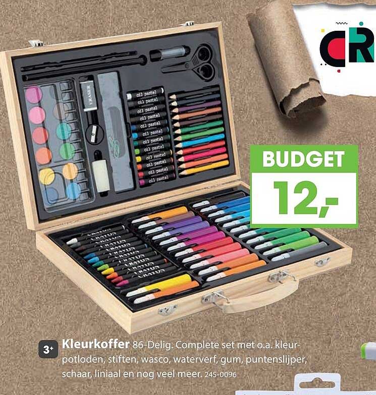 Kleurkoffer 86-Delig. Complete set met o.a. kleurpotloden, stiften, wasco, waterverf, gum, puntslijper, schaar, liniaal en nog veel meer.