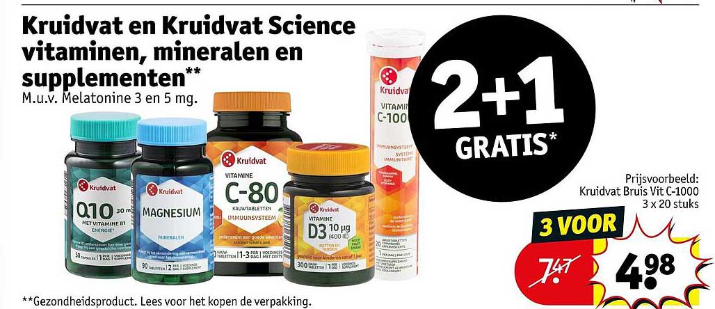 Kruidvat en Kruidvat Science vitaminen, mineralen en supplementen 2+1 gratis