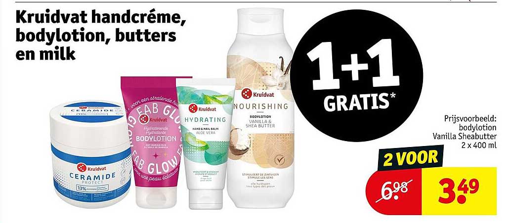 Kruidvat handcrème, bodylotion, butters en milk 1+1 GRATIS*