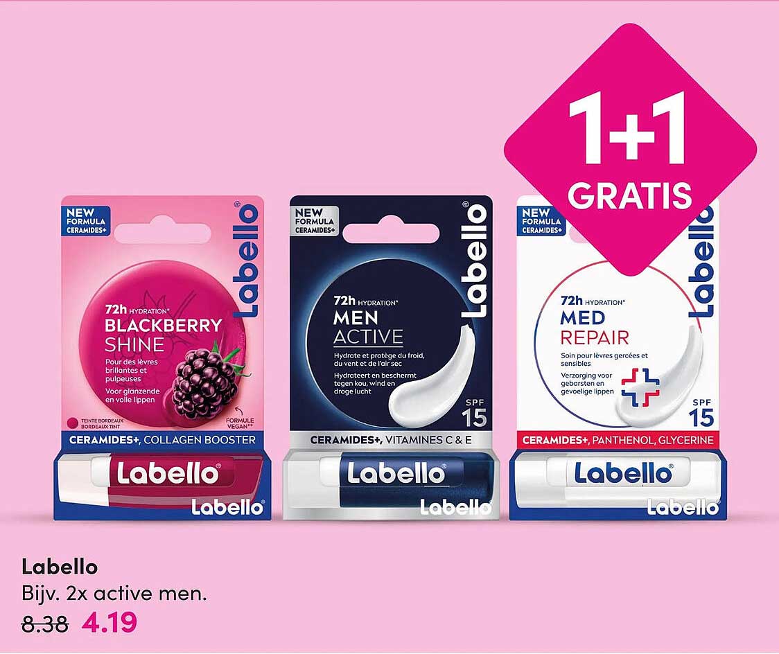 Labello Bijv. 2x active men 1+1 GRATIS