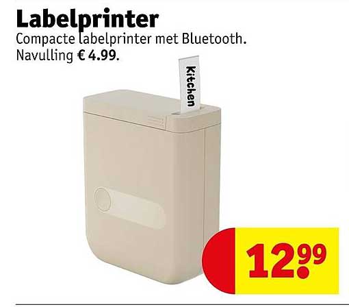 Labelprinter Compacte labelprinter met Bluetooth. Navulling € 4.99.