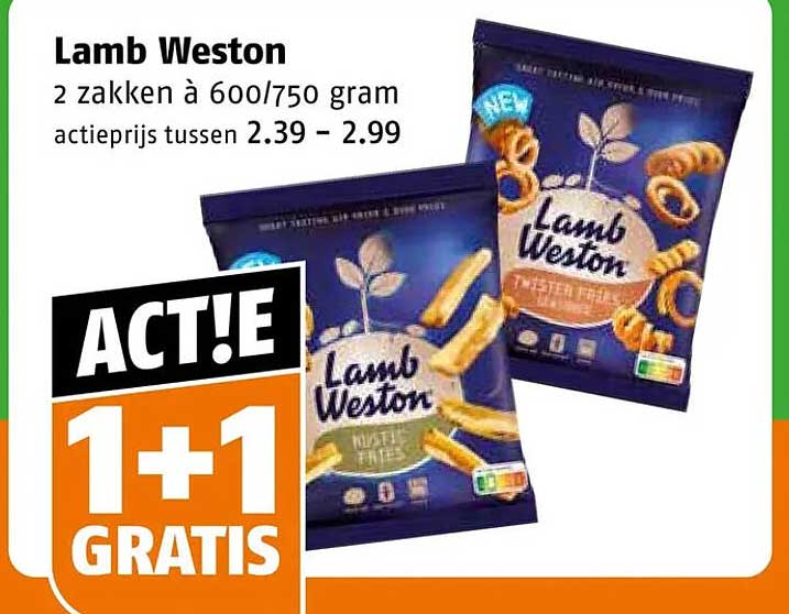 Lamb Weston 2 zakken à 600/750 gram actiprijs tussen 2.39 - 2.99 1+1 GRATIS