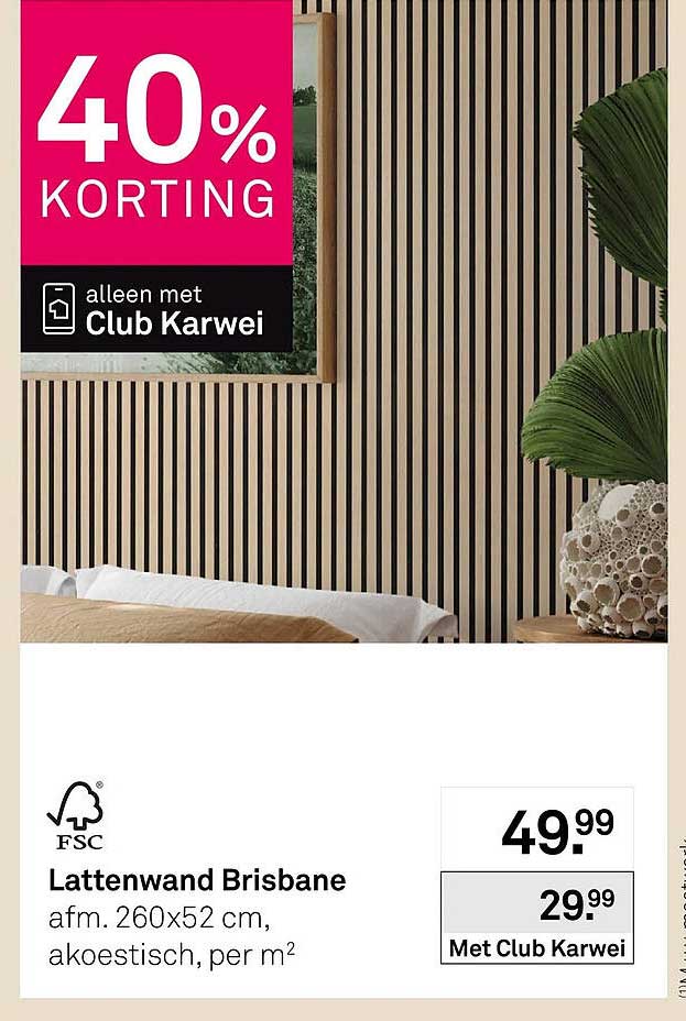 Lattenwand Brisbane afm. 260x52 cm, akoestisch, per m² 40% KORTING alleen met Club Karwei