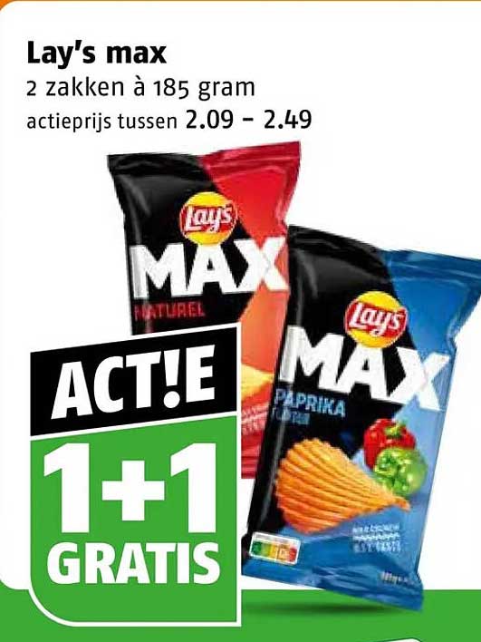 Lay's max 2 zakken à 185 gram ACT!E 1+1 GRATIS